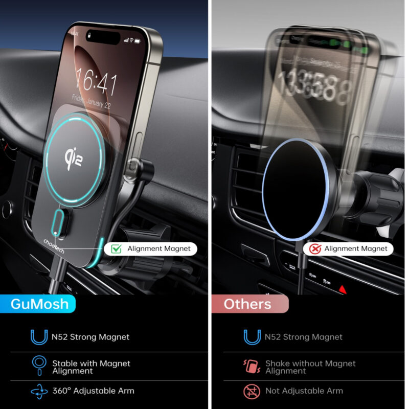 Giá đỡ sạc không dây trên ô tô Choetech T231 công suất 15w chuẩn Qi2 xoay 360 độ có tản nhiệt
