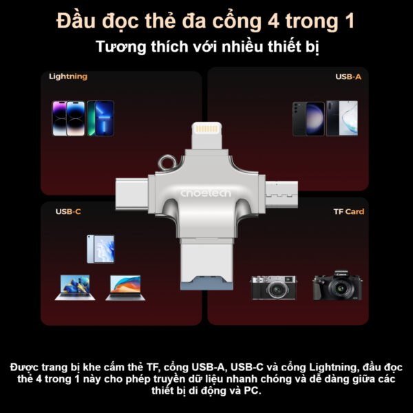 Đầu đọc thẻ nhớ 4 in 1 Choetech CR-002 tốc độ cao với nhiều cổng kết nối đa năng (Hàng chính hãng)
