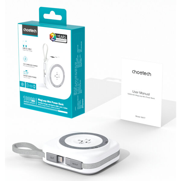 Pin dự phòng đa năng 2 in 1 Choetech B697 công suất 22.5W tích hợp cáp Type C và Lightning dùng sạc cho điện thoại và apple Watch (Hàng chính hãng)