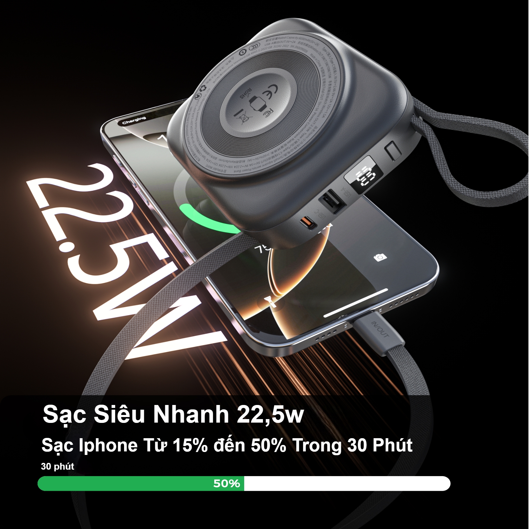 Pin dự phòng đa năng 2 in 1 Choetech B697 công suất 22.5W tích hợp cáp Type C và Lightning dùng sạc cho điện thoại và apple Watch (Hàng chính hãng)