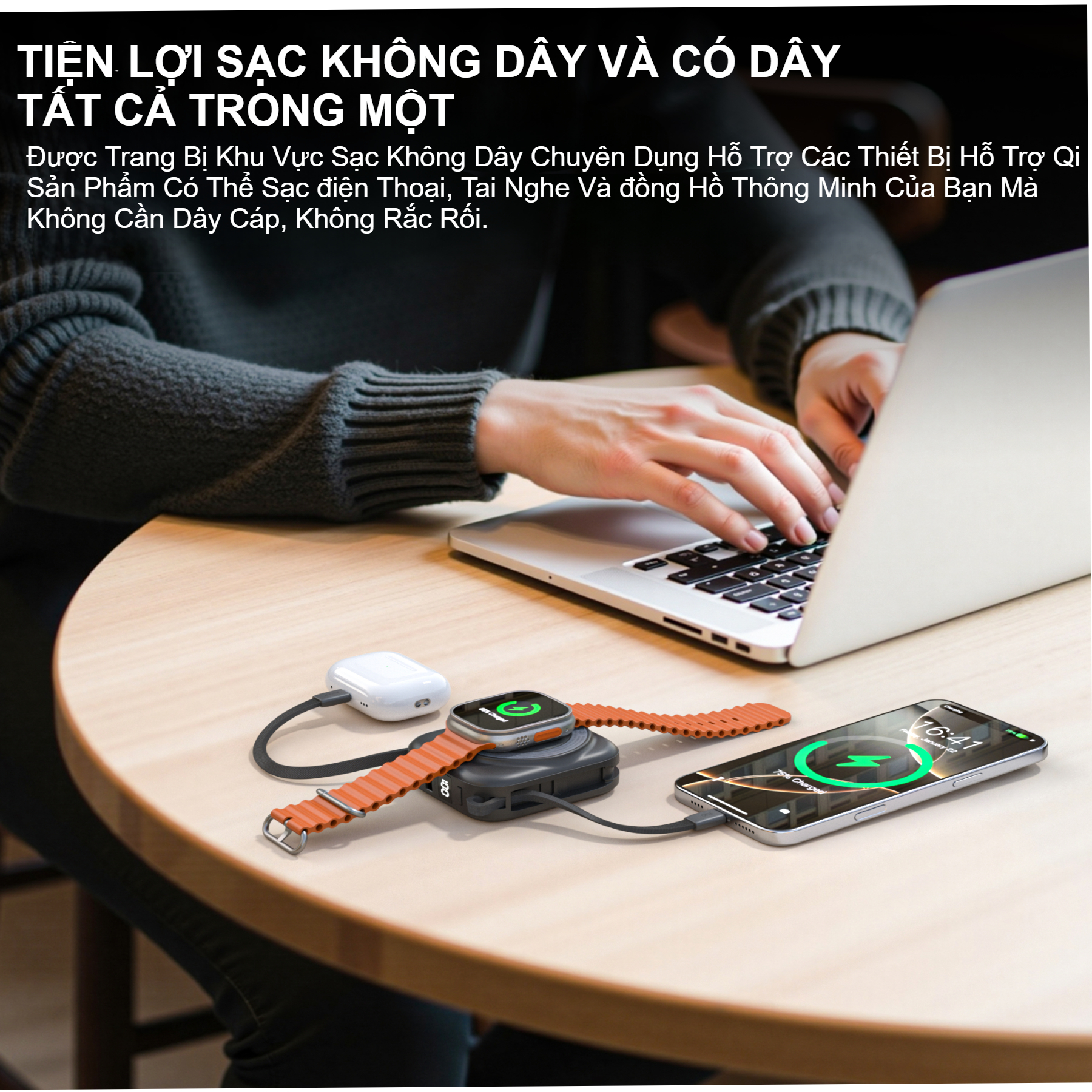 Pin dự phòng đa năng 2 in 1 Choetech B697 công suất 22.5W tích hợp cáp Type C và Lightning dùng sạc cho điện thoại và apple Watch (Hàng chính hãng)