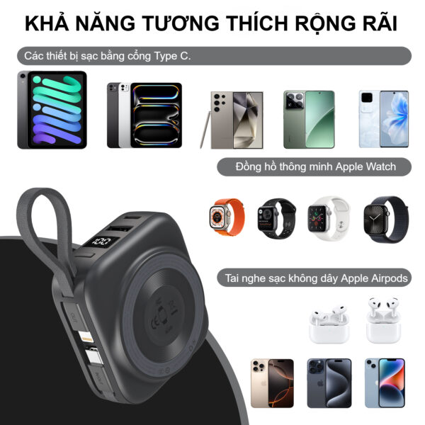 Pin dự phòng đa năng 2 in 1 Choetech B697 công suất 22.5W tích hợp cáp Type C và Lightning dùng sạc cho điện thoại và apple Watch (Hàng chính hãng)