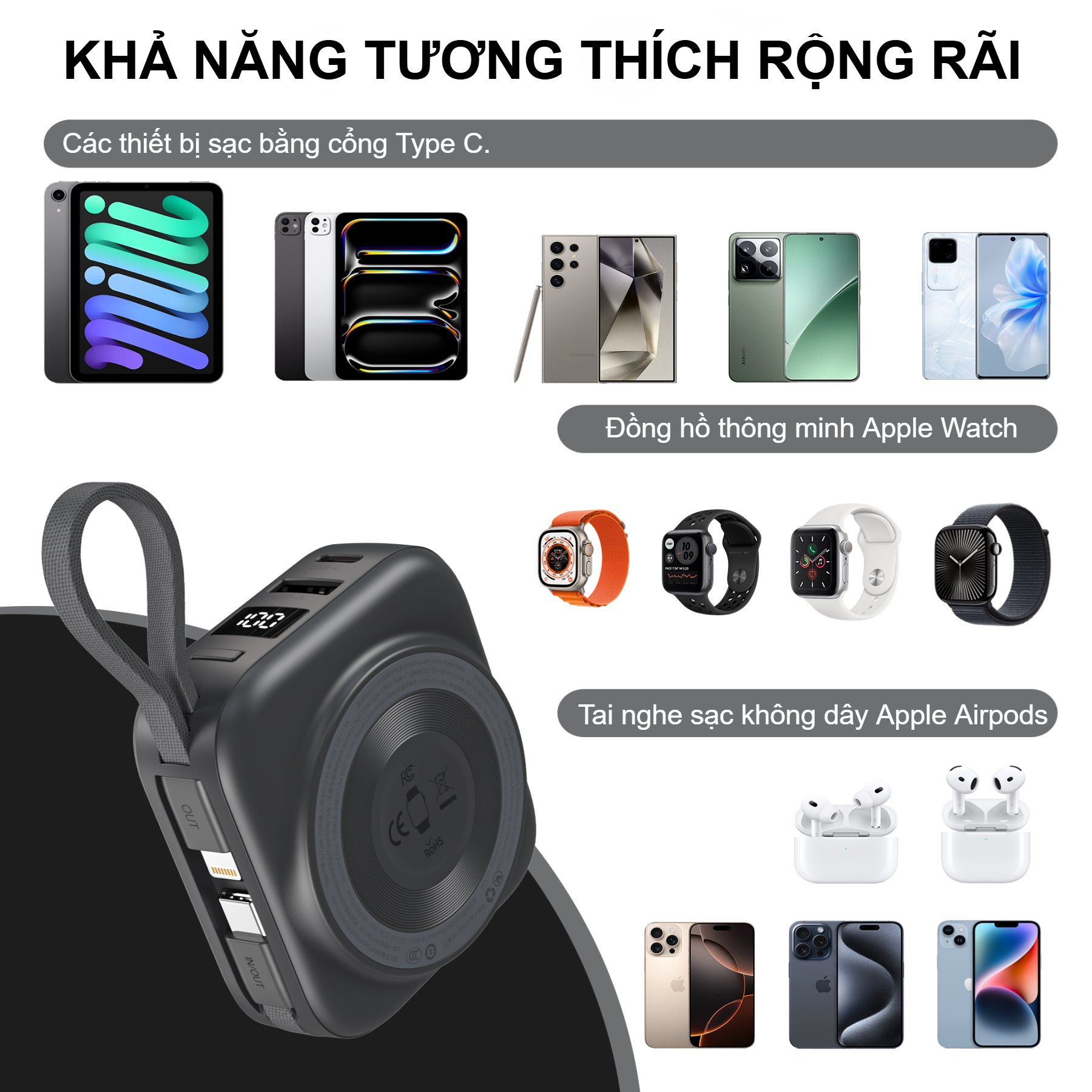 Pin dự phòng đa năng 2 in 1 Choetech B697 công suất 22.5W tích hợp cáp Type C và Lightning dùng sạc cho điện thoại và apple Watch (Hàng chính hãng)