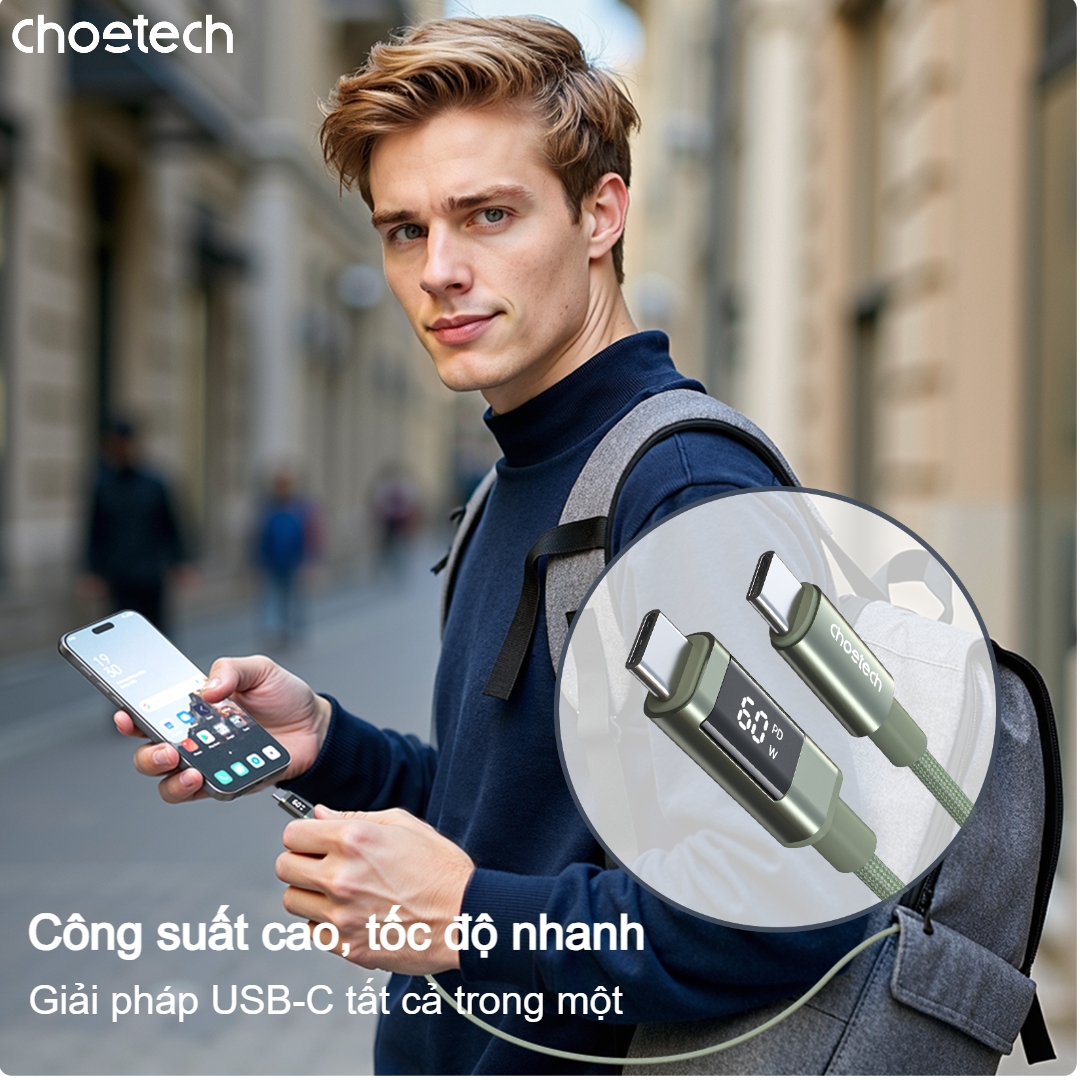 Cáp sạc nhanh và truyền dữ liệu Type C to Type C 60w Choetech XCC-1068 có màn hình hiển thị thông số (Hàng chính hãng) 5 Cáp sạc nhanh và truyền dữ liệu Type C to Type C 60w có màn hình hiển thị thông số (Hàng chính hãng)