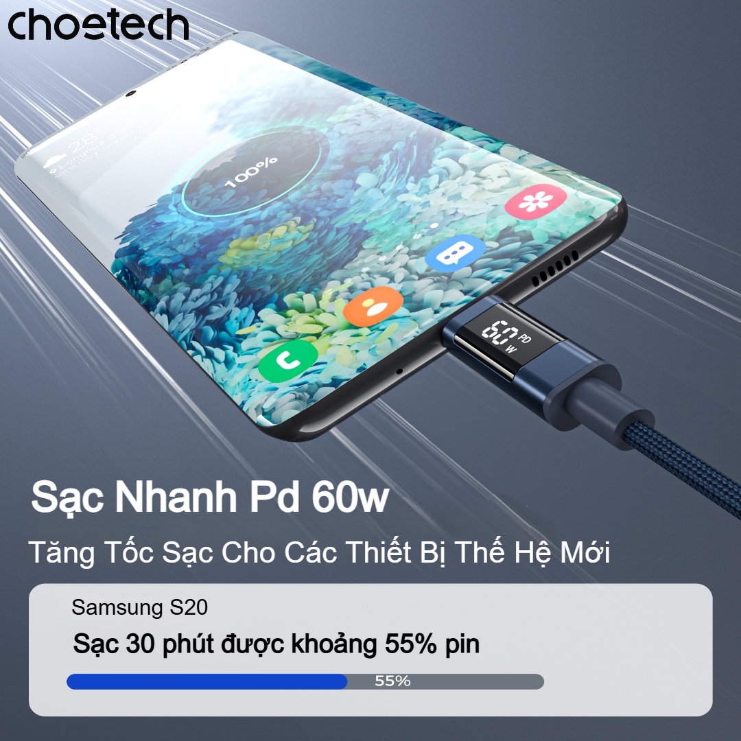 Cáp sạc nhanh và truyền dữ liệu Type C to Type C 60w Choetech XCC-1068 có màn hình hiển thị thông số (Hàng chính hãng) 2 Cáp sạc nhanh và truyền dữ liệu Type C to Type C 60w có màn hình hiển thị thông số (Hàng chính hãng)