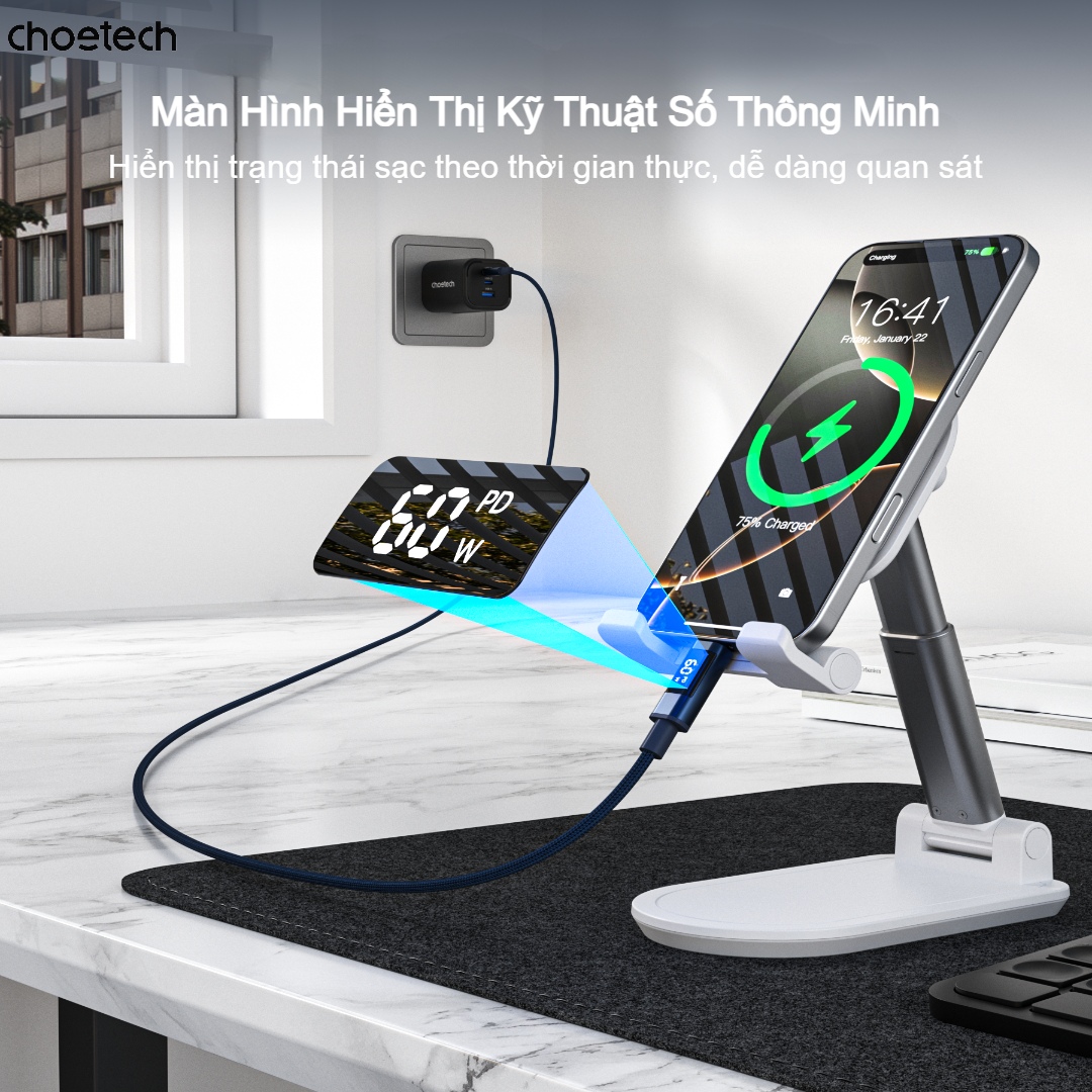 Cáp sạc nhanh và truyền dữ liệu Type C to Type C 60w Choetech XCC-1068 có màn hình hiển thị thông số (Hàng chính hãng) 3 Cáp sạc nhanh và truyền dữ liệu Type C to Type C 60w có màn hình hiển thị thông số (Hàng chính hãng)