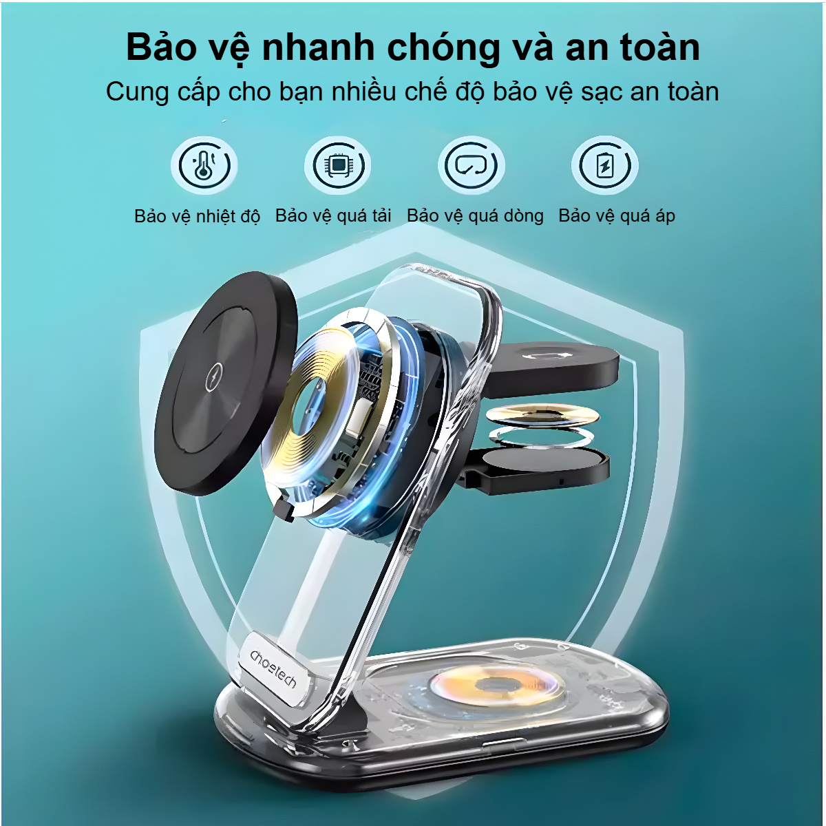 Đế sạc không dây Magsafe 3 in 1 xếp gọn 15W Choetech T618 trong suốt có đèn dùng sạc cho Điện thoại, Tai nghe và Apple watch (Hàng chính hãng) 3 Đế sạc không dây Magsafe 3 in 1 xếp gọn 15W Choetech T618 trong suốt có đèn dùng sạc cho Điện thoại, Tai nghe và Apple watch (Hàng chính hãng)