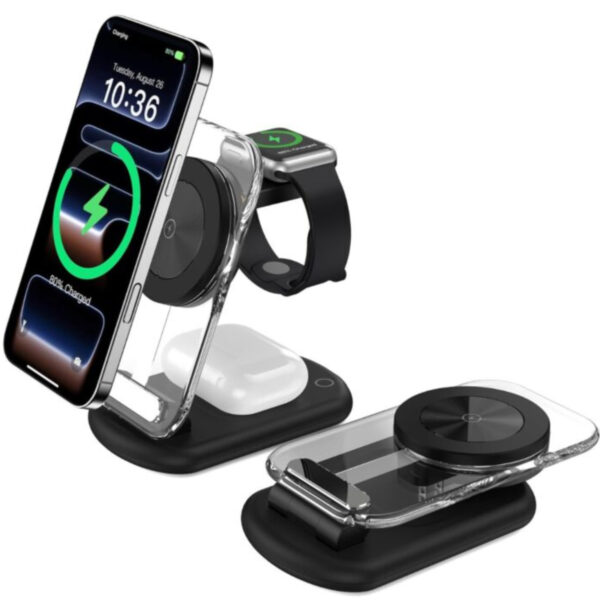 Trang chủ 21 Đế sạc không dây Magsafe 3 in 1 xếp gọn 15W Choetech T618 trong suốt có đèn dùng sạc cho Điện thoại, Tai nghe và Apple watch (Hàng chính hãng)