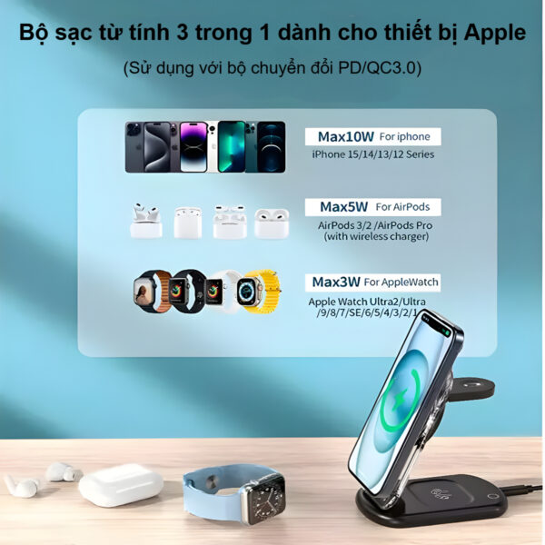 Đế sạc không dây Magsafe 3 in 1 xếp gọn 15W Choetech T618 trong suốt có đèn dùng sạc cho Điện thoại, Tai nghe và Apple watch (Hàng chính hãng) 10 Đế sạc không dây Magsafe 3 in 1 xếp gọn 15W Choetech T618 trong suốt có đèn dùng sạc cho Điện thoại, Tai nghe và Apple watch (Hàng chính hãng)