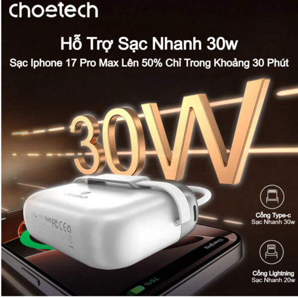 Pin Dự Phòng Mini 30W Choetech B812 Dung Lượng 10000mAh Tích Hợp Cáp Type C Và Lightning Dùng Cho Tất Cả Dòng Điện Thoại (Hàng chính hãng) 13 Pin Dự Phòng Mini 30W Dung Lượng 10000mAh Tích Hợp Cáp Type C Và Lightning Dùng Cho Tất Cả Dòng Điện Thoại (Hàng chính hãng)