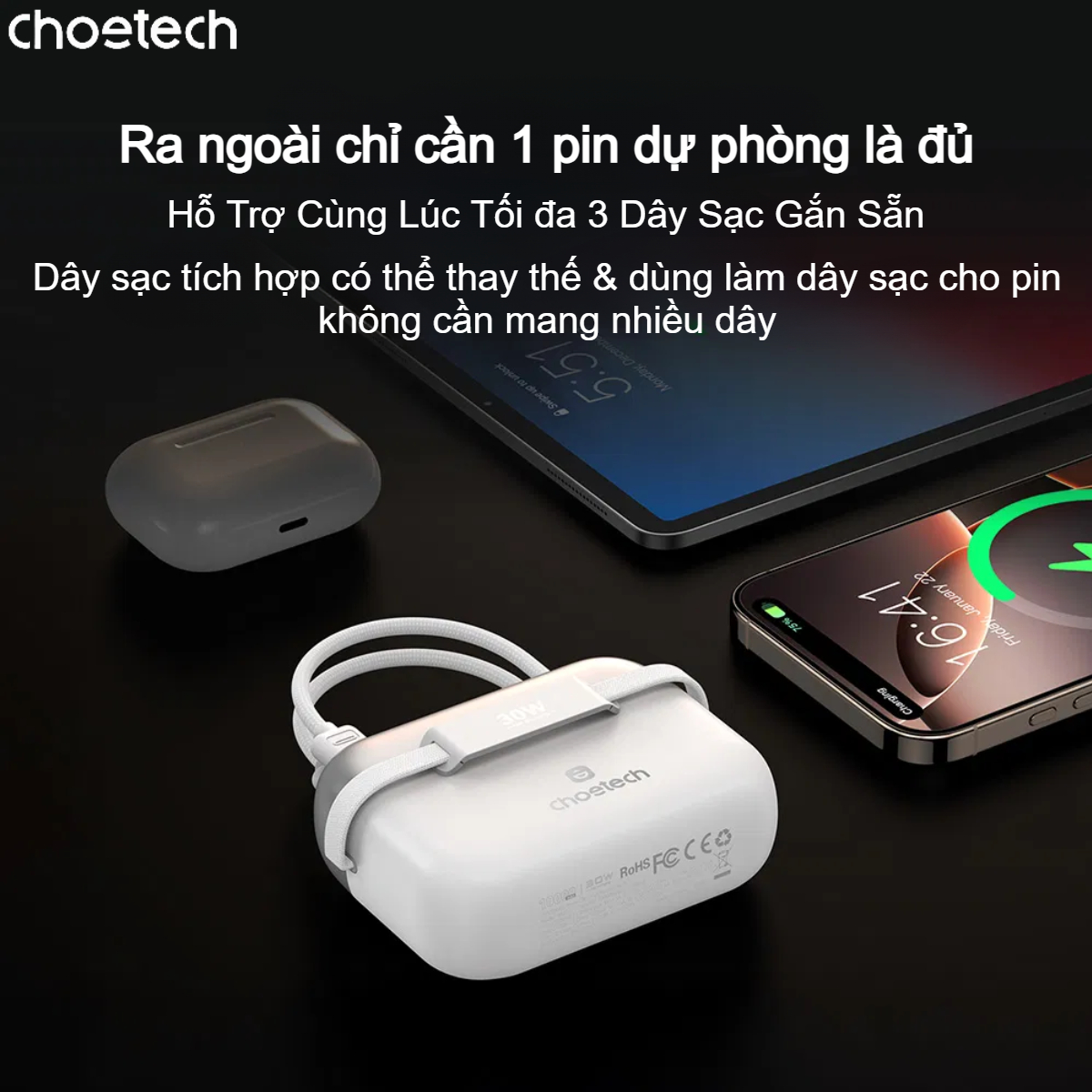 Pin Dự Phòng Mini 30W Choetech B812 Dung Lượng 10000mAh Tích Hợp Cáp Type C Và Lightning Dùng Cho Tất Cả Dòng Điện Thoại (Hàng chính hãng) 5 Pin Dự Phòng Mini 30W Dung Lượng 10000mAh Tích Hợp Cáp Type C Và Lightning Dùng Cho Tất Cả Dòng Điện Thoại (Hàng chính hãng)