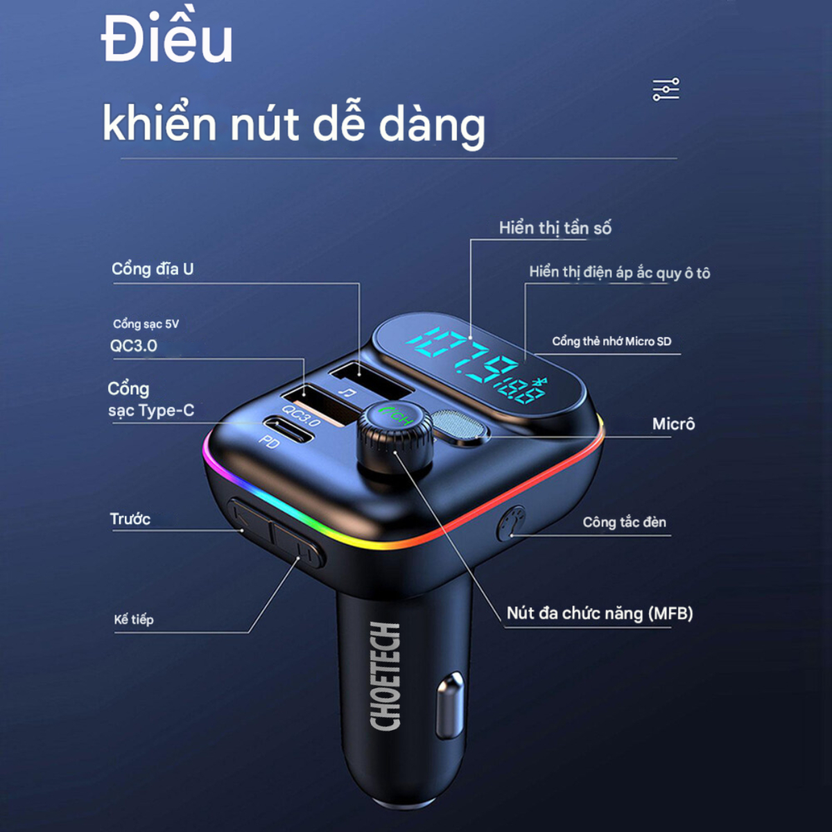 Tẩu sạc ô tô Choetech TC0050 tích hợp Bluetooth phát FM sạc nhanh 36W (Hàng chính hãng) 5 Tẩu sạc ô tô Choetech TC0050 tích hợp Bluetooth phát FM sạc nhanh 36W (Hàng chính hãng)