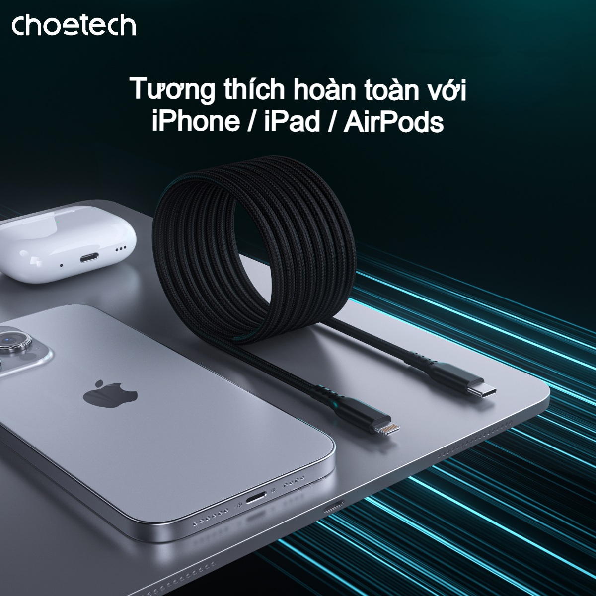 Cáp sạc nhanh và truyền dữ liệu Type C to Lightning Choetech XCL-1021 công suất 20W dài 1m8 (Hàng chính hãng)