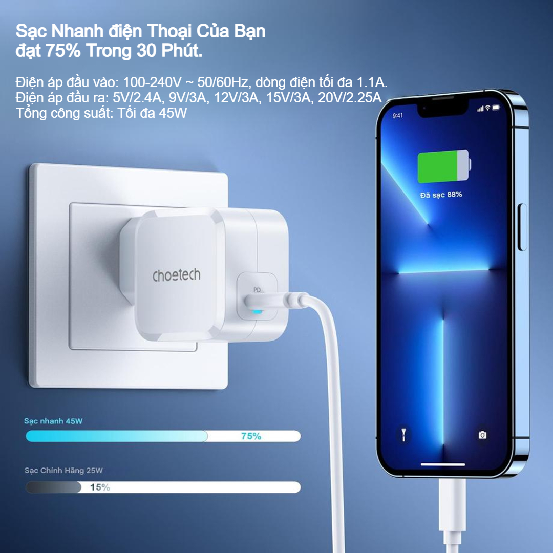 Củ sạc USB C 45w Choetech PD8007 sạc nhanh cho tất cả các thiết bị (Hàng chính hãng) 4 Củ sạc USB C 45w Choetech PD8007 sạc nhanh cho tất cả các thiết bị (Hàng chính hãng)