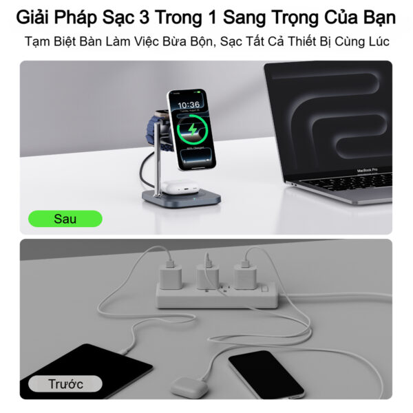 Đế sạc nhanh không dây 3 in 1 Choetech T641-G 25w chuẩn Qi2 tích hợp làm mát chủ động cho thiết bị Apple (Hàng chính hãng)