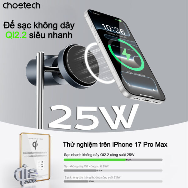 Đế sạc nhanh không dây 3 in 1 Choetech T641-G 25w chuẩn Qi2 tích hợp làm mát chủ động cho thiết bị Apple (Hàng chính hãng)