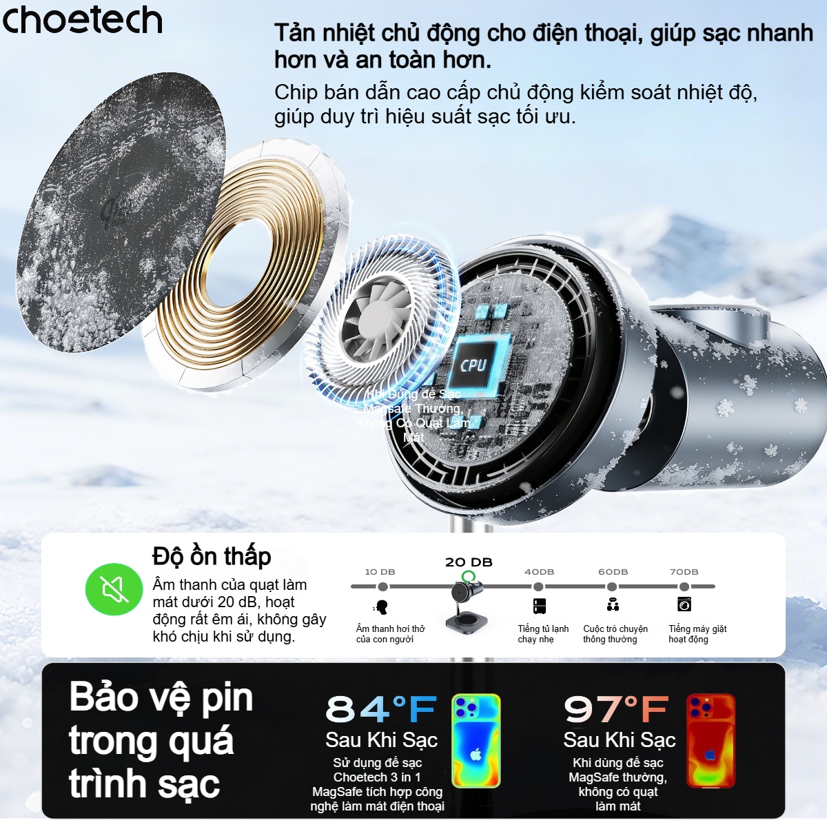 Đế sạc nhanh không dây 3 in 1 Choetech T641-G 25w chuẩn Qi2 tích hợp làm mát chủ động cho thiết bị Apple (Hàng chính hãng)