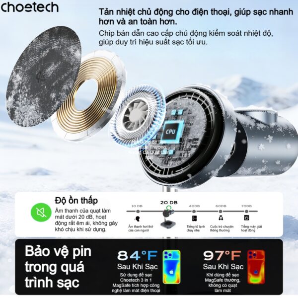 Đế sạc nhanh không dây 3 in 1 Choetech T641-G 25w chuẩn Qi2 tích hợp làm mát chủ động cho thiết bị Apple (Hàng chính hãng)