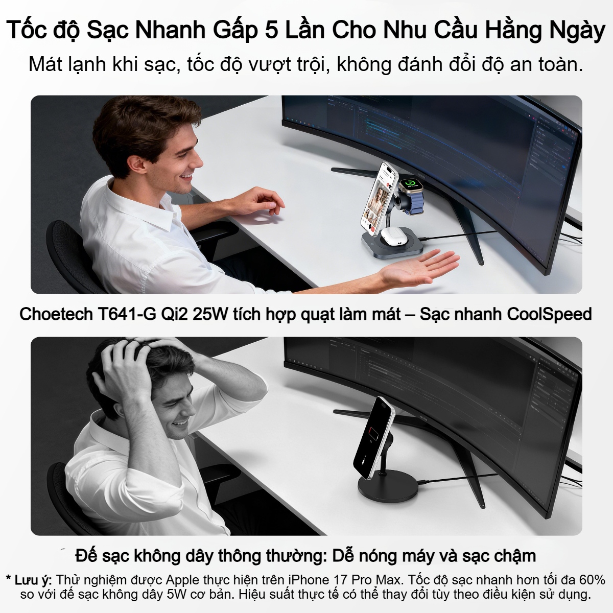 Đế sạc nhanh không dây 3 in 1 Choetech T641-G 25w chuẩn Qi2 tích hợp làm mát chủ động cho thiết bị Apple (Hàng chính hãng)