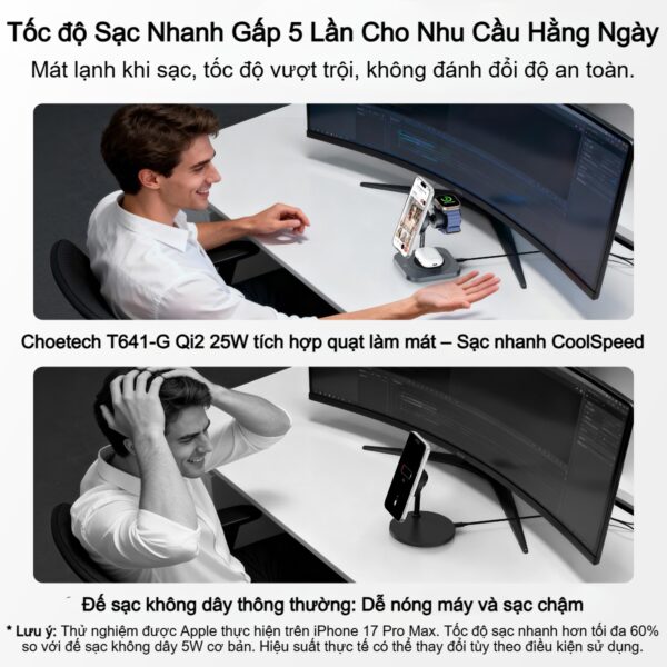 Đế sạc nhanh không dây 3 in 1 Choetech T641-G 25w chuẩn Qi2 tích hợp làm mát chủ động cho thiết bị Apple (Hàng chính hãng)