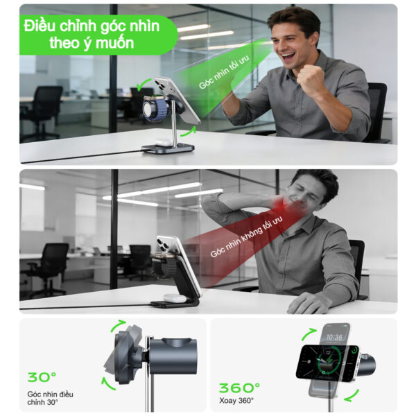 Đế sạc nhanh không dây 3 in 1 Choetech T641-G 25w chuẩn Qi2 tích hợp làm mát chủ động cho thiết bị Apple (Hàng chính hãng)