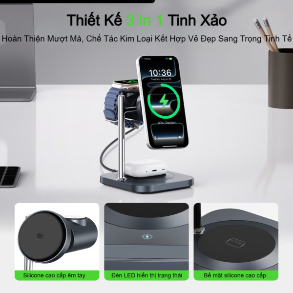 Đế sạc nhanh không dây 3 in 1 Choetech T641-G 25w chuẩn Qi2 tích hợp làm mát chủ động cho thiết bị Apple (Hàng chính hãng)