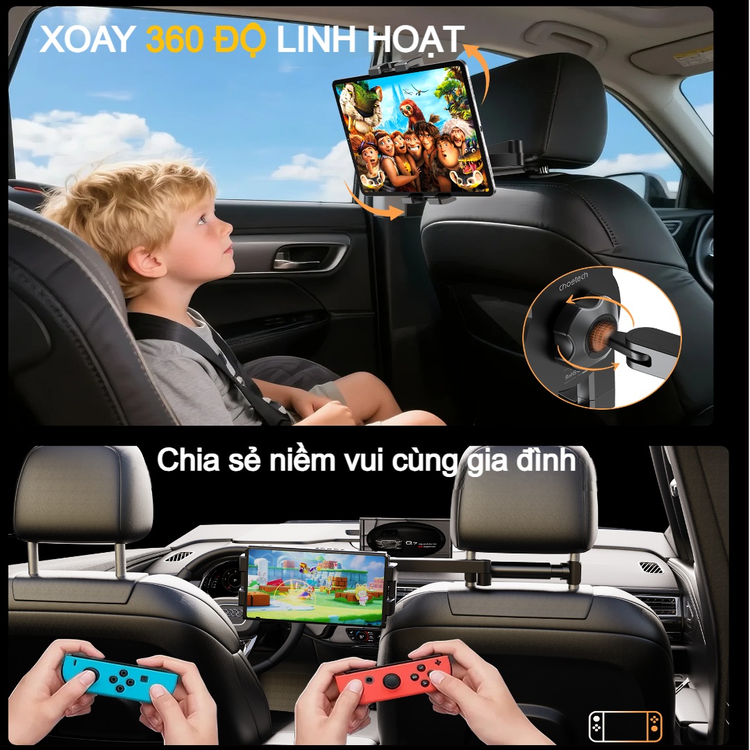 Giá đỡ điện thoại và máy tính bảng cho ghế sau ô tô Choetech H090 kéo giãn linh hoạt tiện lợi cho mọi hành trình (Hàng chính hãng)