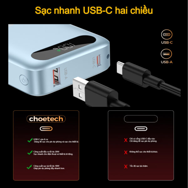Pin Dự Phòng Sạc Nhanh Choetech B860 Công Suất 22.5W  Dung Lượng 10000mAh Tích Hợp Dây Đeo Cáp Sạc C to C (Hàng chính hãng)