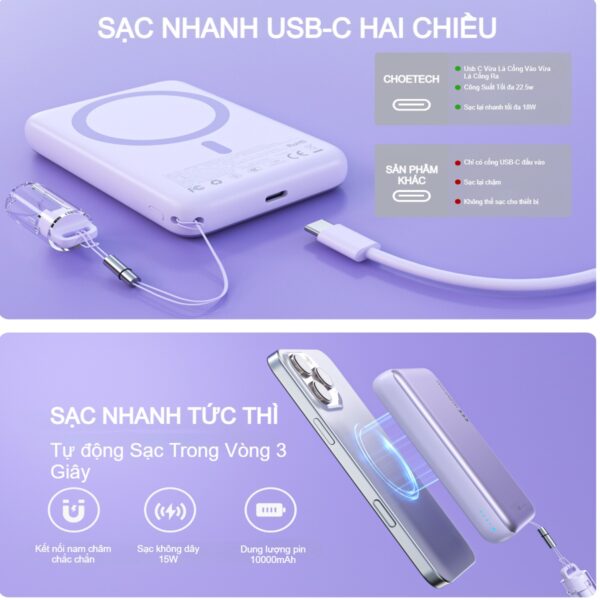 Pin Sạc Dự Phòng Không Dây Từ Tính Choetech B861 B862 22.5W Siêu Mỏng 5000mAh và 10000mAh Tích Hợp Dây Đeo Cáp Sạc C to C (Hàng Chính Hãng) 12 Pin Sạc Dự Phòng Không Dây Từ Tính Choetech B861 B862 20W Siêu Mỏng 5000mAh và 10000mAh Tích Hợp Dây Đeo Cáp Sạc C to C (Hàng Chính Hãng)
