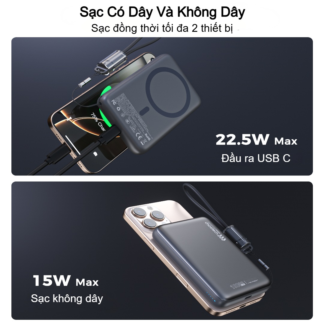 Pin Sạc Dự Phòng Không Dây Từ Tính Choetech B861 B862 22.5W Siêu Mỏng 5000mAh và 10000mAh Tích Hợp Dây Đeo Cáp Sạc C to C (Hàng Chính Hãng) 5 Pin Sạc Dự Phòng Không Dây Từ Tính Choetech B861 B862 20W Siêu Mỏng 5000mAh và 10000mAh Tích Hợp Dây Đeo Cáp Sạc C to C (Hàng Chính Hãng)