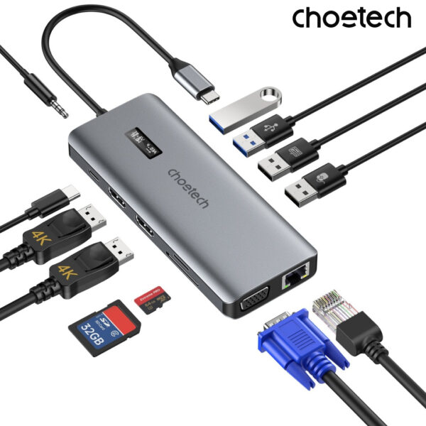 Hub Chuyển Đổi 12 in 1 Choetech M26 (Type C To HDMI, VGA, USB, SD, RJ45, Jack 3.5mm, USB C)- Hàng Chính Hãng