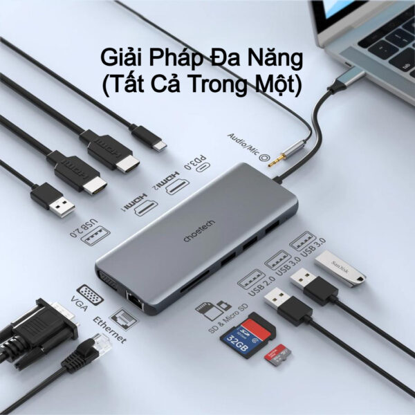 Hub Chuyển Đổi 12 in 1 Choetech M26 (Type C To HDMI, VGA, USB, SD, RJ45, Jack 3.5mm, USB C)- Hàng Chính Hãng 12 Hub Chuyển Đổi 12 in 1 Choetech M26 (Type C To HDMI, VGA, USB, SD, RJ45, Jack 3.5mm, USB C)- Hàng Chính Hãng