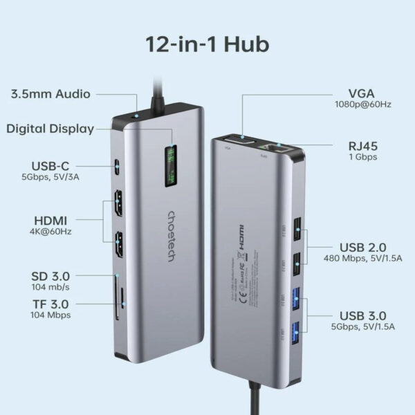 Trang chủ 22 Hub Chuyển Đổi 12 in 1 Choetech M26 (Type C To HDMI, VGA, USB, SD, RJ45, Jack 3.5mm, USB C)- Hàng Chính Hãng
