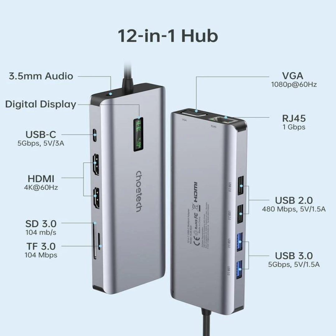 Hub Chuyển Đổi 12 in 1 Choetech M26 (Type C To HDMI, VGA, USB, SD, RJ45, Jack 3.5mm, USB C)- Hàng Chính Hãng 2 Hub Chuyển Đổi 12 in 1 Choetech M26 (Type C To HDMI, VGA, USB, SD, RJ45, Jack 3.5mm, USB C)- Hàng Chính Hãng
