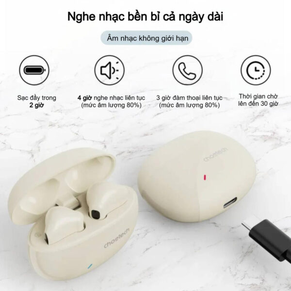 Tai Nghe Bluetooth Không Dây Choetech BH-T24 True Wireless Earphones Bluetooth 5.3, Âm Thanh Chất Lượng Cao (Hàng chính hãng)