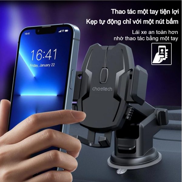 Giá đỡ điện thoại ô tô Choetech H043 xoay 360 độ kẹp chắc chắn gắn taplo hoặc kính lái (Hàng chính hãng)