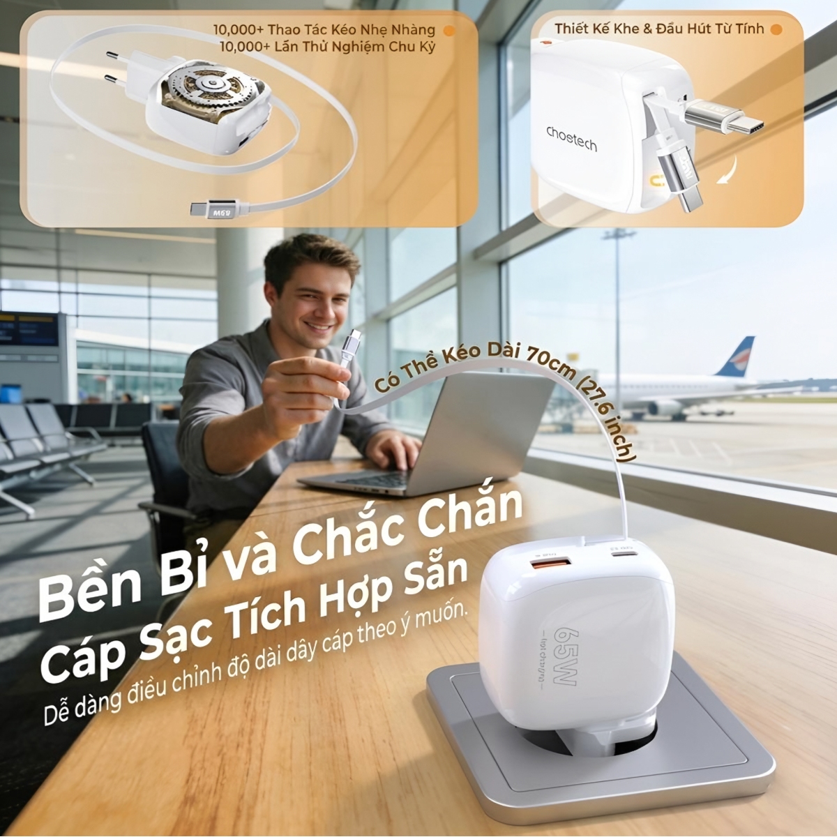 Bộ sạc nhanh Choetech PD6123 GaN 65W tích hợp dây USB C và chân cắm gập gọn (Hàng chính hãng)