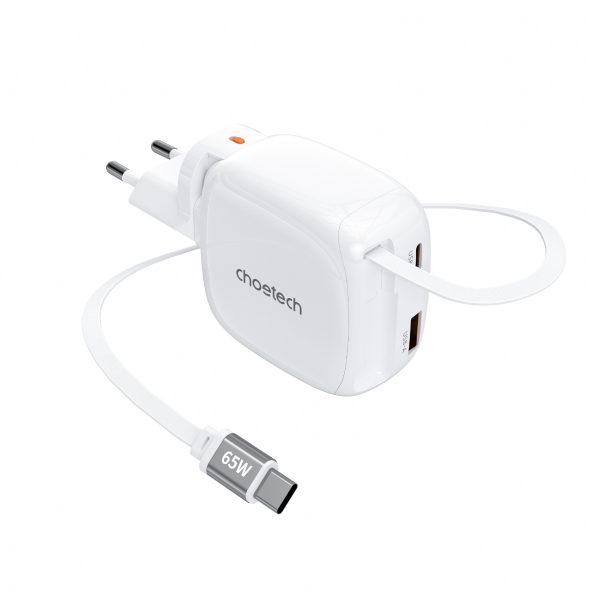 Bộ sạc nhanh Choetech PD6123 GaN 65W  tích hợp dây USB C và chân cắm gập gọn (Hàng chính hãng)