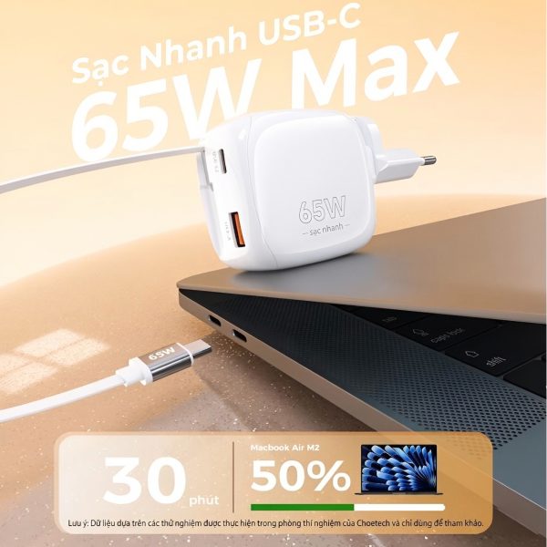 Bộ sạc nhanh Choetech PD6123 GaN 65W  tích hợp dây USB C và chân cắm gập gọn (Hàng chính hãng)