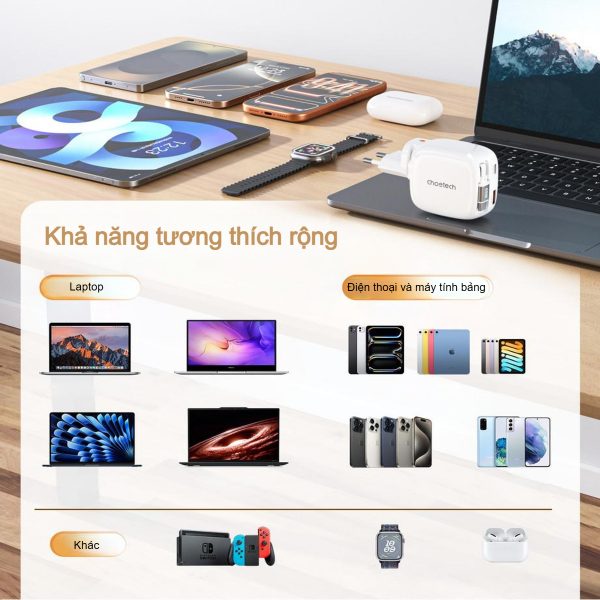 Bộ sạc nhanh Choetech PD6123 GaN 65W  tích hợp dây USB C và chân cắm gập gọn (Hàng chính hãng)