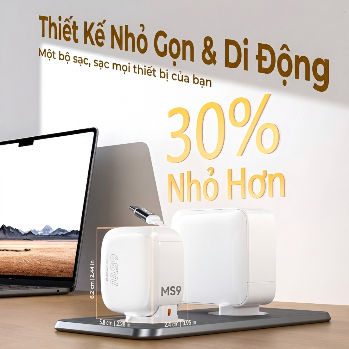 Bộ sạc nhanh Choetech PD6123 GaN 65W tích hợp dây USB C và chân cắm gập gọn (Hàng chính hãng)