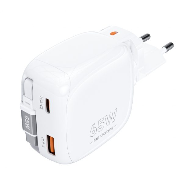 Bộ sạc nhanh Choetech PD6123 GaN 65W  tích hợp dây USB C và chân cắm gập gọn (Hàng chính hãng)