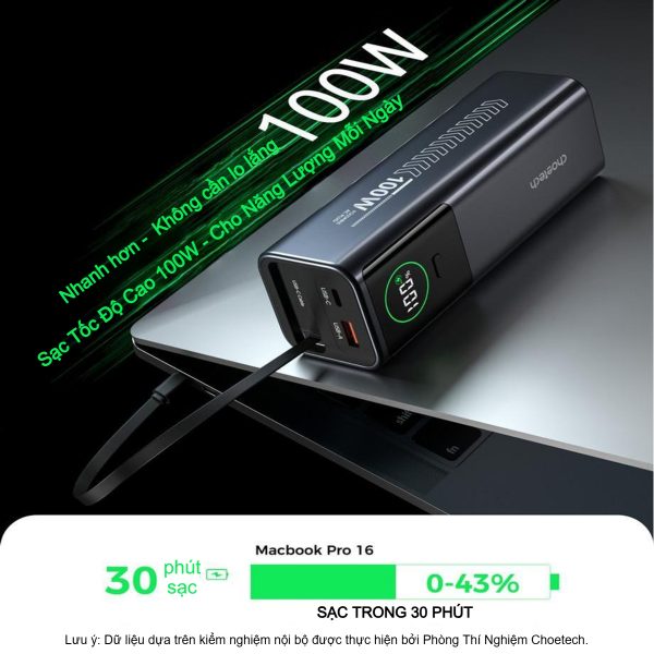 Pin dự phòng kiêm củ sạc 100w Choetech B1012 dung lượng 20000mAh tích hợp cáp sạc đa năng cao cấp (Hàng chính hãng)