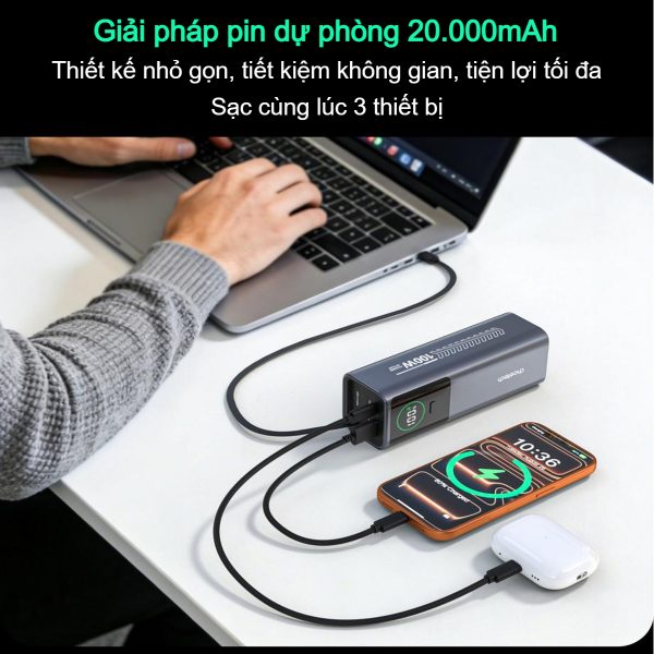 Pin dự phòng kiêm củ sạc 100w Choetech B1012 dung lượng 20000mAh tích hợp cáp sạc đa năng cao cấp (Hàng chính hãng)
