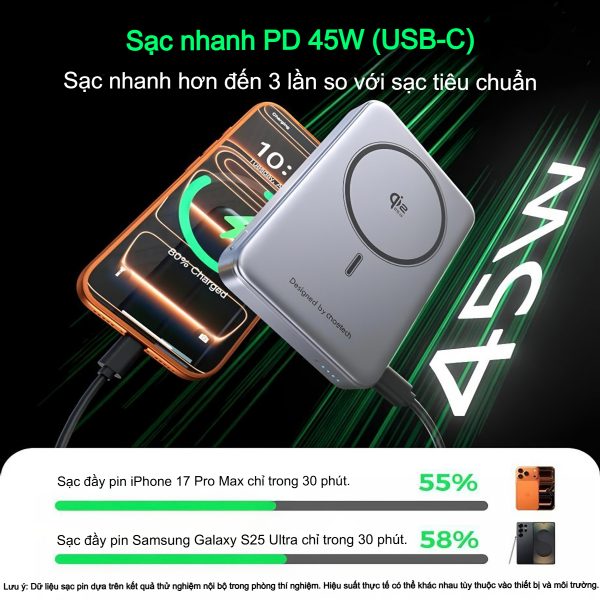 Pin dự phòng sạc không dây Choetech B760 công suất 45W tích hợp chân đỡ nhỏ gọn tiện lợi (Hàng chính hãng)
