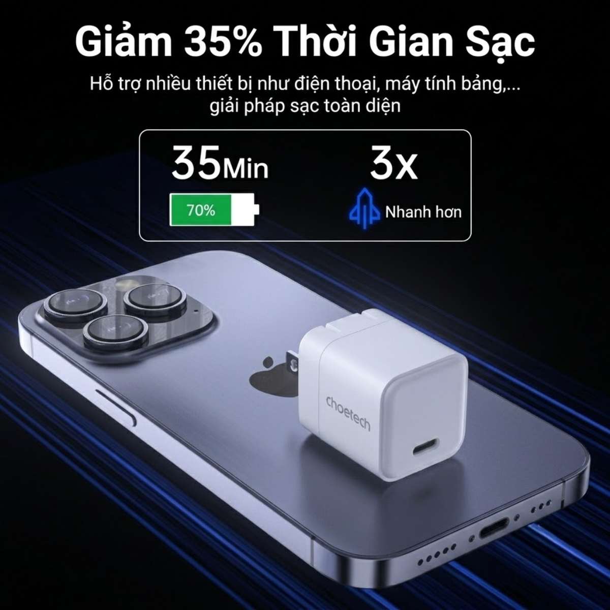Củ sạc nhanh GaN 30W 1 cổng USB C Choetech PD3007 (Hàng chính hãng)