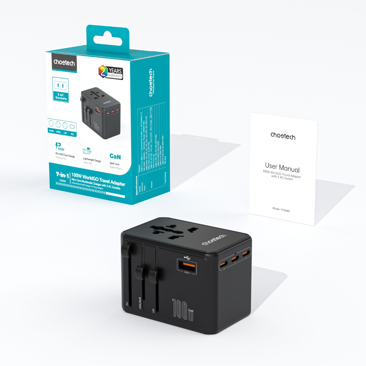 Bộ sạc du lịch đa năng Choetech WorldGO PD100W PD5065 ổ cắm quốc tế (3 USB C + 1 USB A + 3 AC)- Hàng chính hãng