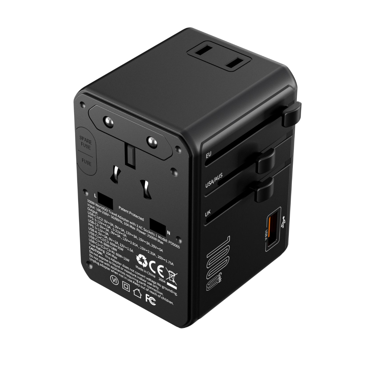 Bộ sạc du lịch đa năng Choetech WorldGO PD100W PD5065 ổ cắm quốc tế (3 USB C + 1 USB A + 3 AC)- Hàng chính hãng