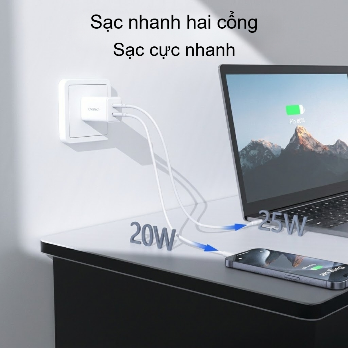 Củ sạc nhanh 2 cổng USB-C GaN 45W Choetech PD3010 – Hàng chính hãng