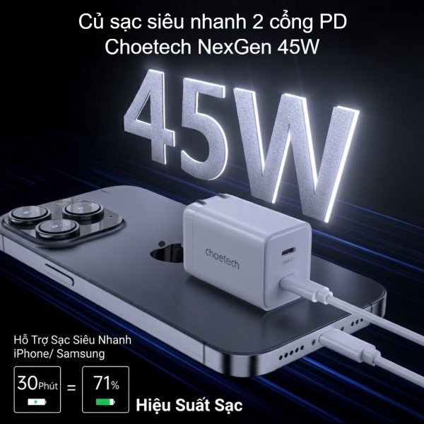 Củ sạc nhanh 2 cổng USB-C GaN 45W Choetech PD3010 – Hàng chính hãng